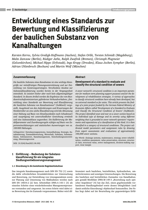 Entwicklung eines Standards zur Bewertung und Klassifizierung der baulichen Substanz von Kanalhaltungen